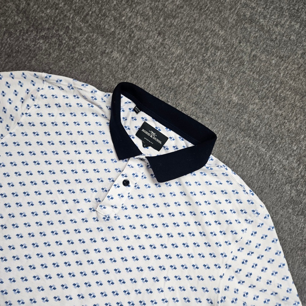Rodd & Gunn Polo Shirt Mens Large White Blue Geometric Print Sports Fit Cotton